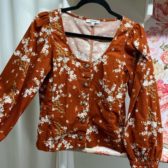 Madewell Corduroy Shirred-Sleeve Button-Front Top in Farmstand Bouquet - Picture 4 of 9